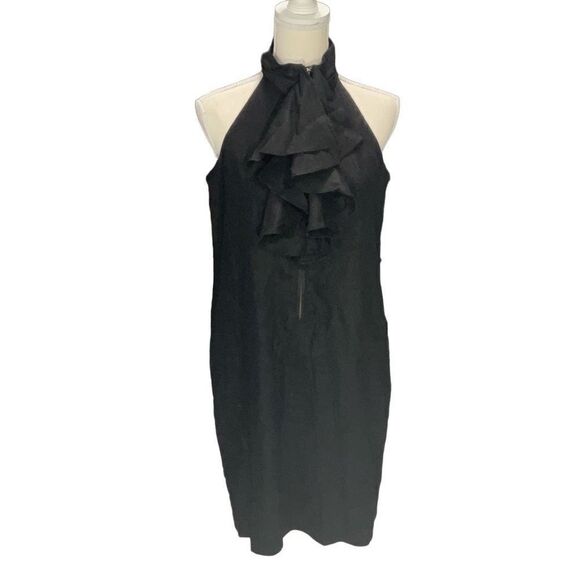 Madison Black Linen Lined Halter Neck Dress Ruffles Pockets Zipper Front Size Sm - Picture 1 of 9
